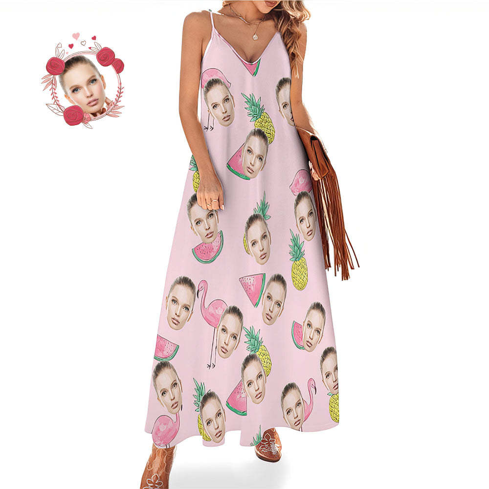 Custom Face Hawaiian Style Long Dress Flamingo Pink Sling Dress -