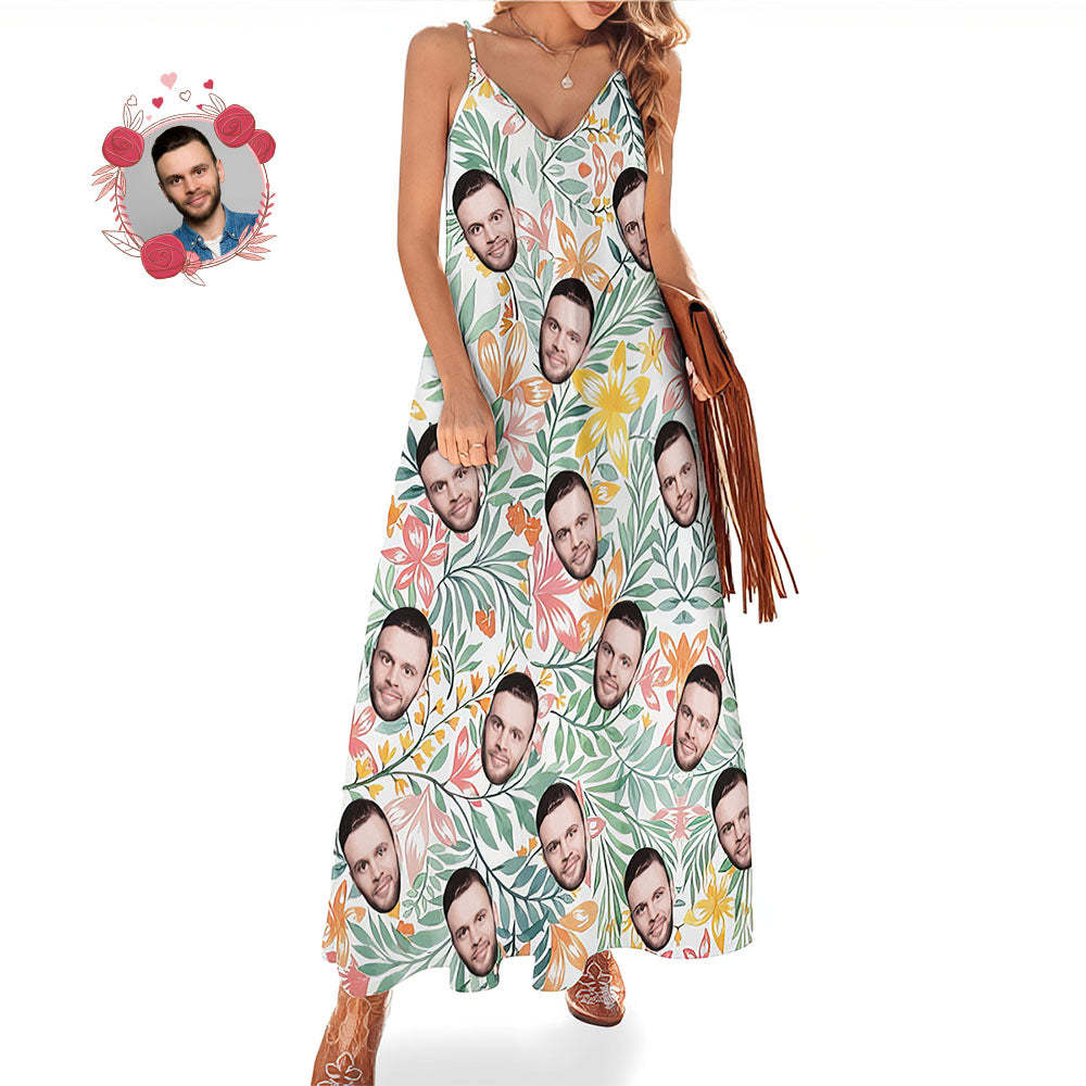 Custom Face Heart Hawaiian Style Long Dress Leaves Sling Dress -