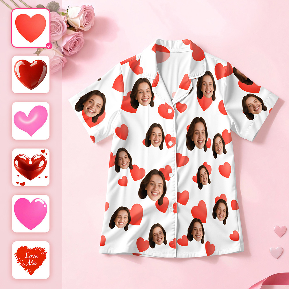 Custom Face Short Sleeve Pajamas Personalised Heart Face Couple Sleepwear Valentine Love Gifts For Her - GetPhotoSocksUk