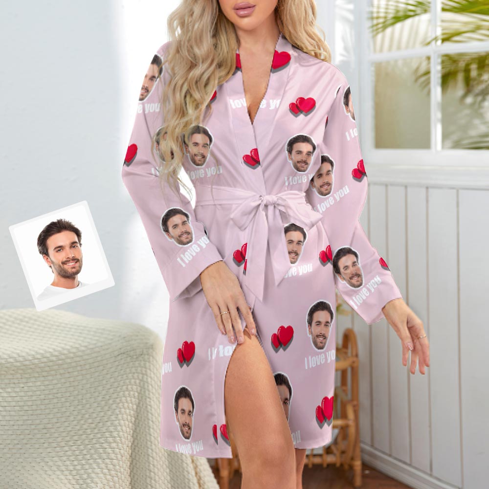 Custom Face Love Heart Long Sleeve Nightgown - I Love You Anniversary Gifts
