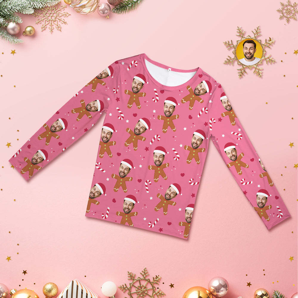 Custom Face Pink Pajamas Personalized Round Neck Gingerbread Christmas Pajamas For Women And Men -