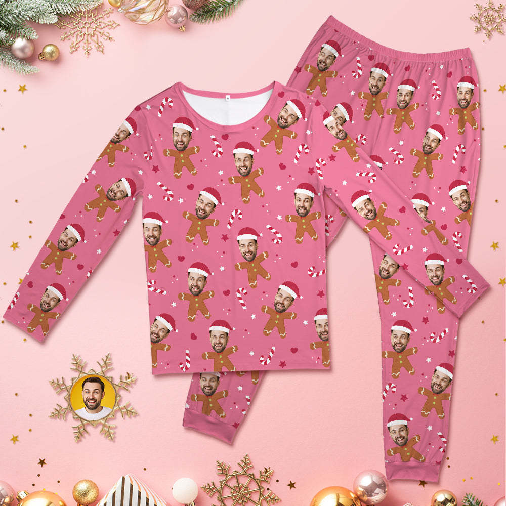 Custom Face Pink Pajamas Personalized Round Neck Gingerbread Christmas Pajamas For Women And Men -