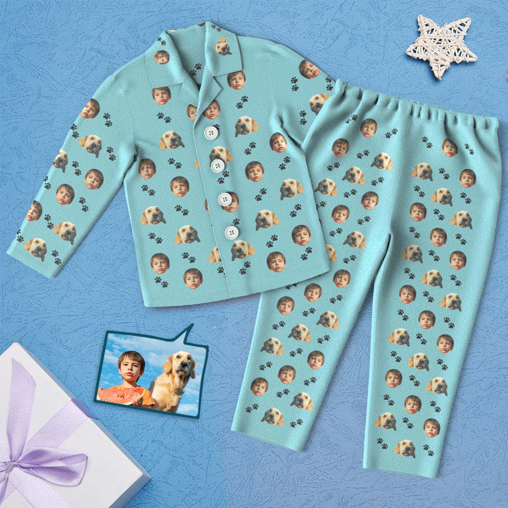 Custom Face Children's Pajamas Personalized Kid's Sleepwear With Pet Dog - Foot Print -