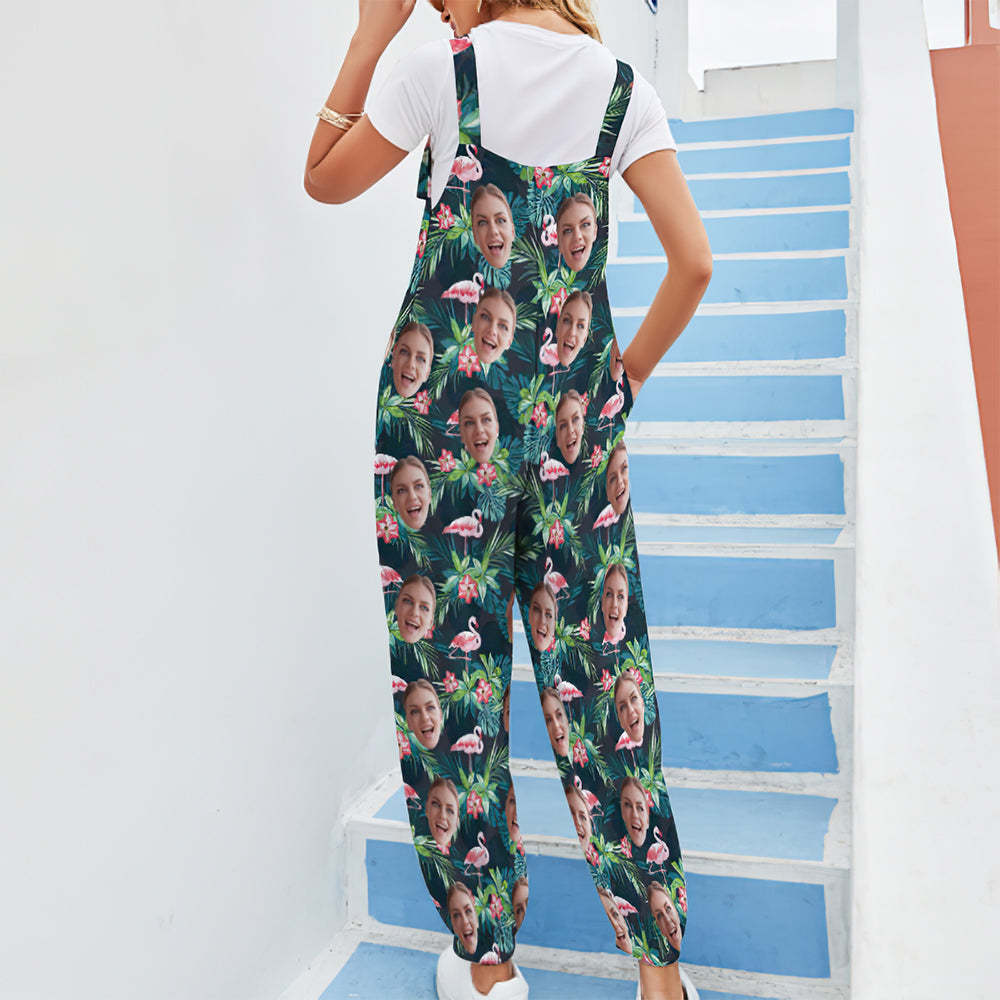 Custom Face Jumpsuit With Suspender Hawaiian Style Rompers - Flamingo -