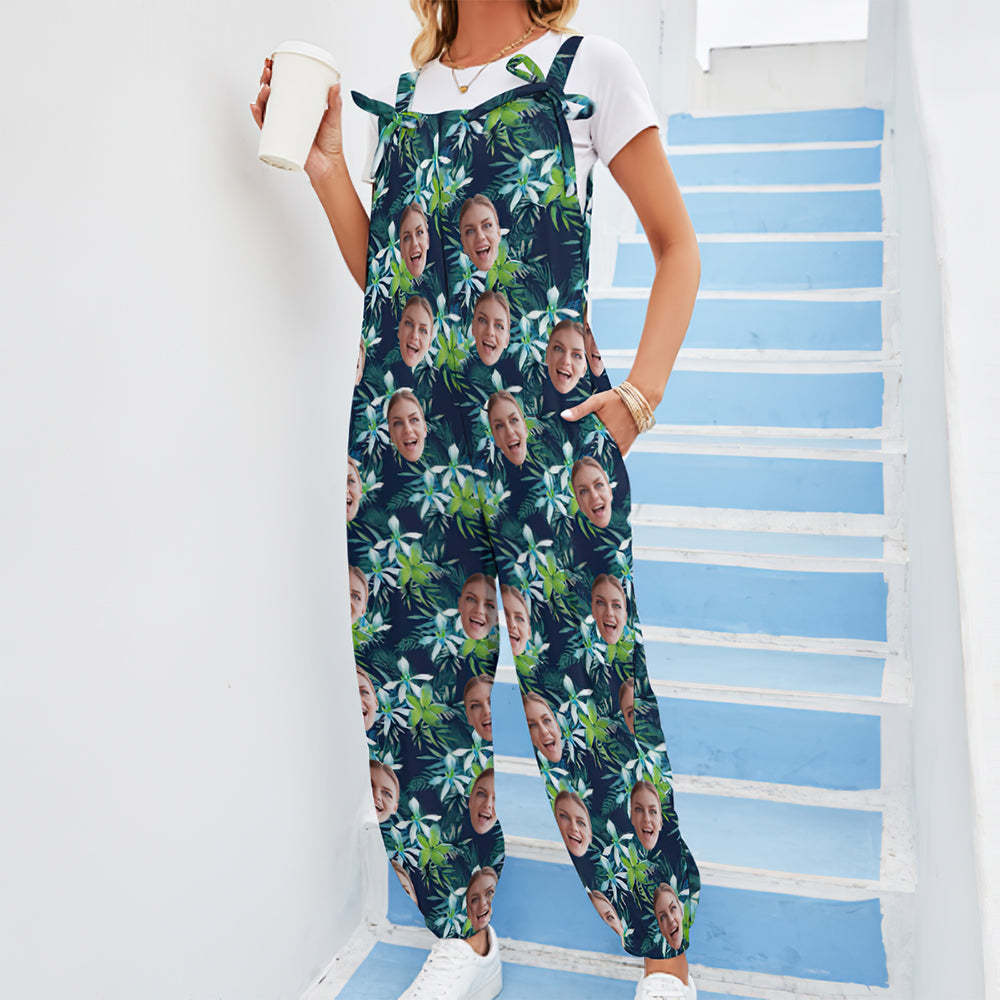 Custom Face Jumpsuit With Suspender Hawaiian Style Tropical Flowers Rompers -