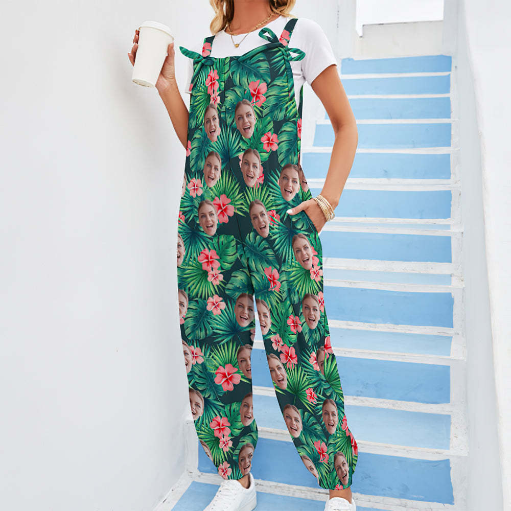 Custom Face Jumpsuit With Suspender Hawaiian Style Leaves & Flowers Rompers -