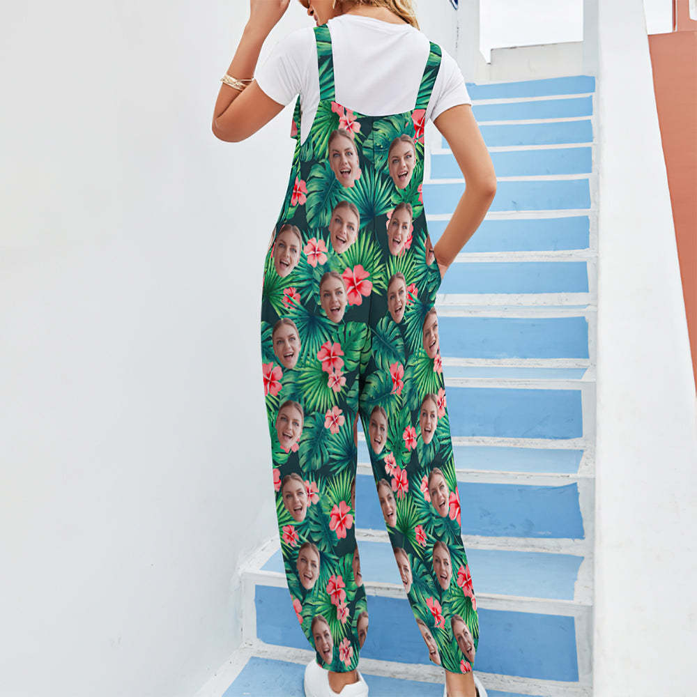 Custom Face Jumpsuit With Suspender Hawaiian Style Leaves & Flowers Rompers -