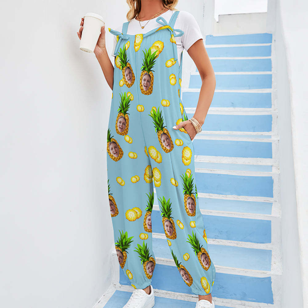 Custom Face Jumpsuit With Suspender Hawaiian Style Big Pineapple Rompers -