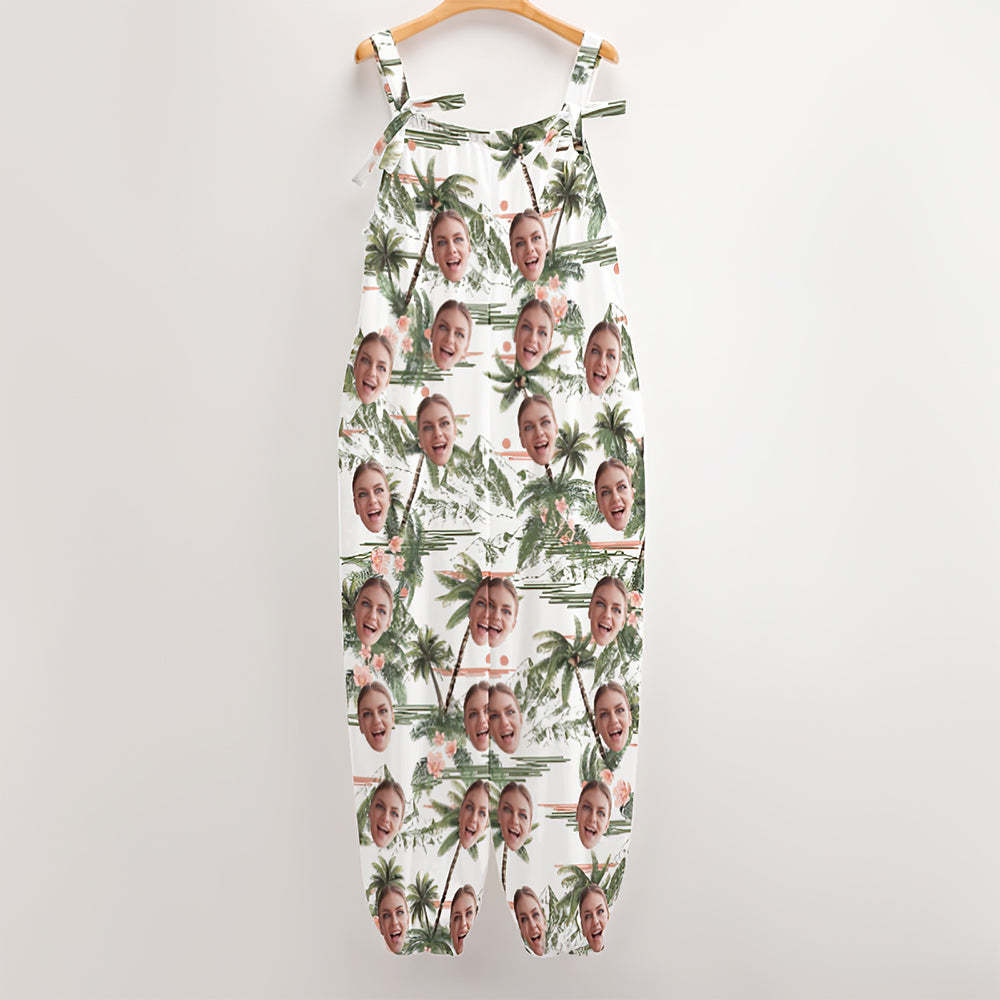 Custom Face Jumpsuit With Suspender Hawaiian Style Coconut Tree Rompers -