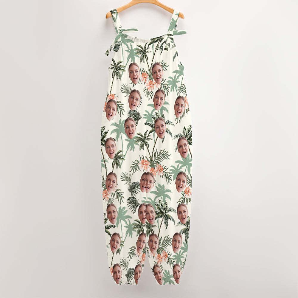 Custom Face Jumpsuit With Suspender Hawaiian Style Beach Coconut Tree Rompers -