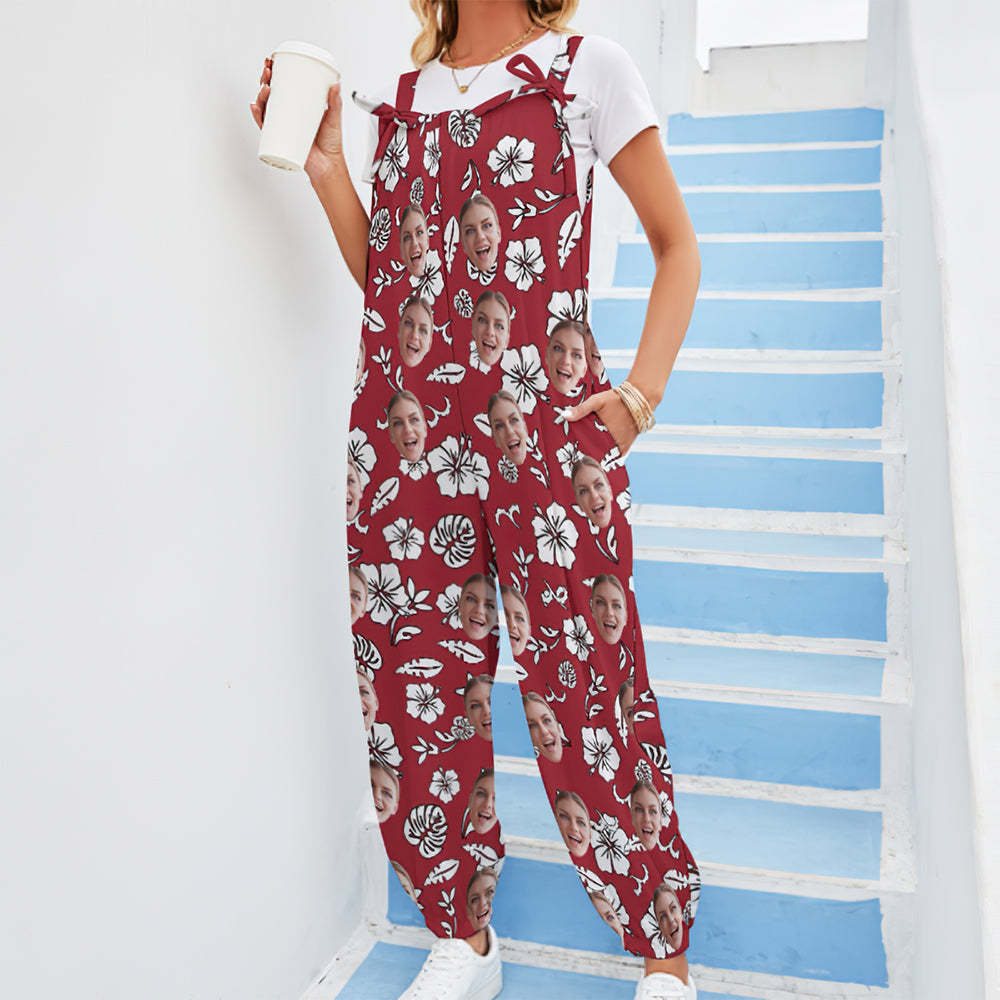 Custom Face Jumpsuit With Suspender Hawaiian Style Flowers And Leaves Red Rompers -