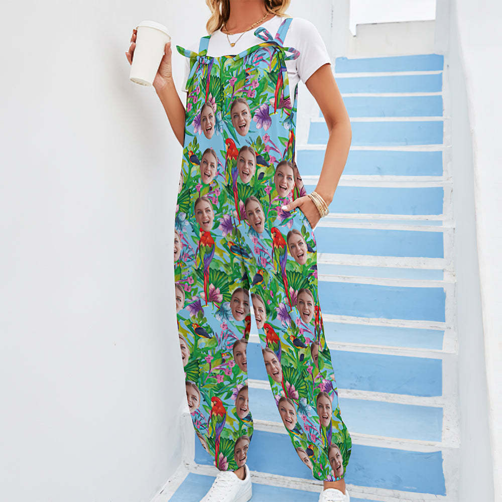 Custom Face Jumpsuit With Suspender Hawaiian Style Parrot Rompers -