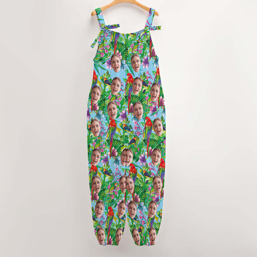 Custom Face Jumpsuit With Suspender Hawaiian Style Parrot Rompers -