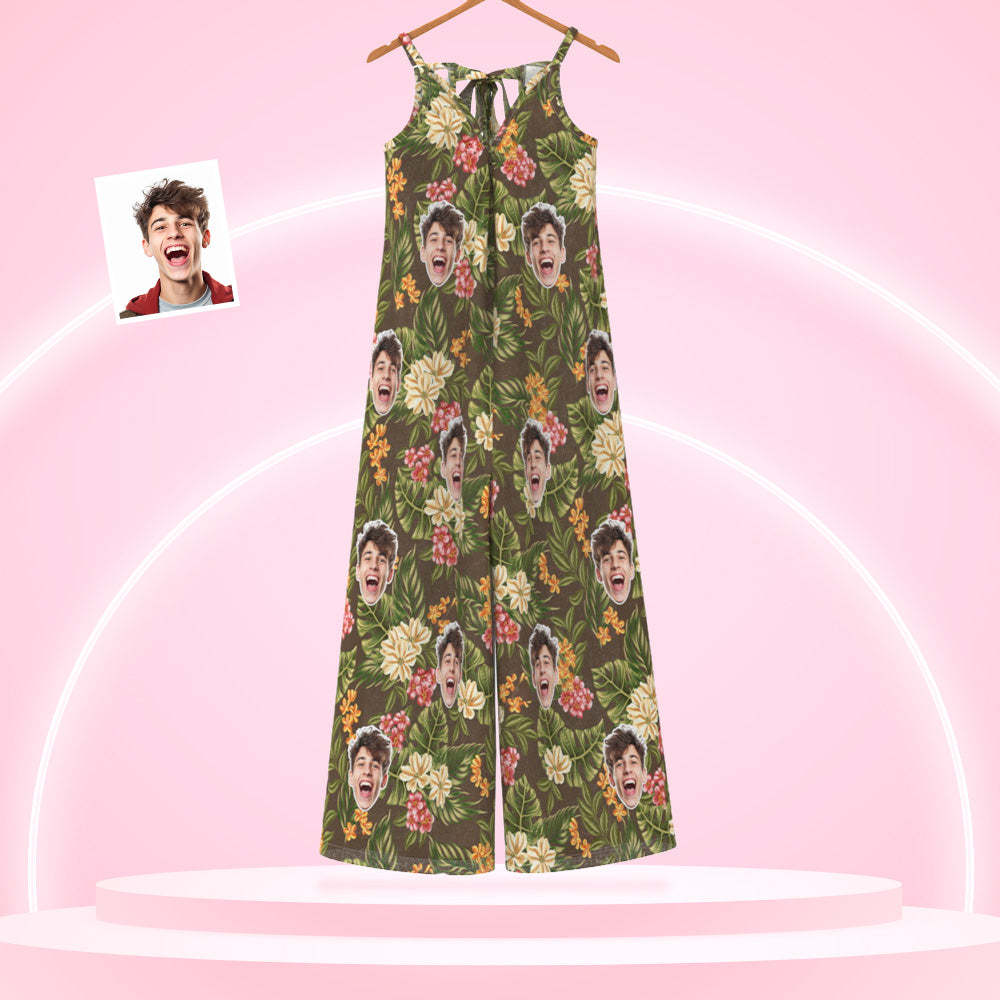 Custom Face Loose Jumpsuit With Wide Leg Vintage Flowers And Leaves Rompers -