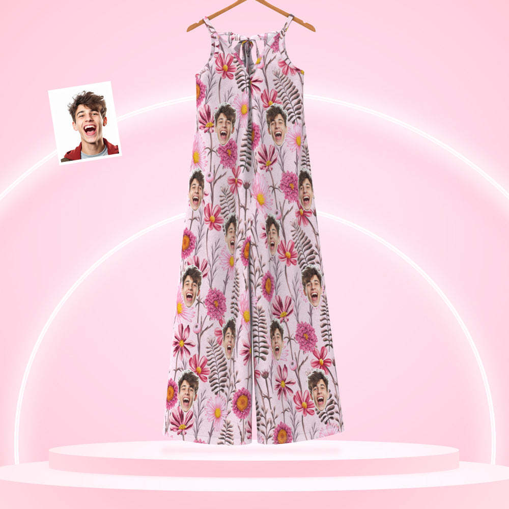 Custom Face Loose Jumpsuit With Wide Leg Pink Flowers Rompers -