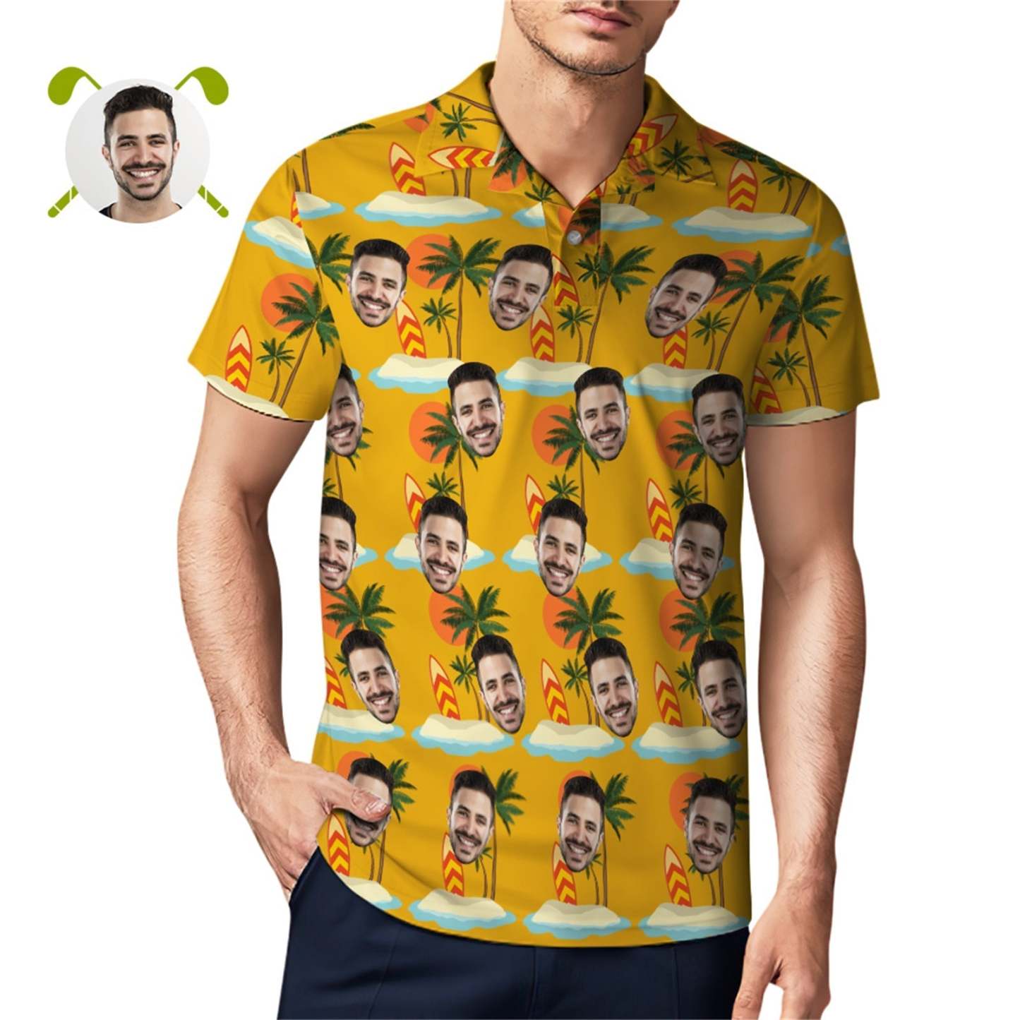 Custom Face Polo Shirt For Men Coconut Tree Beach Shirt Hawaiian Golf Shirts - GetPhotoSocksUk