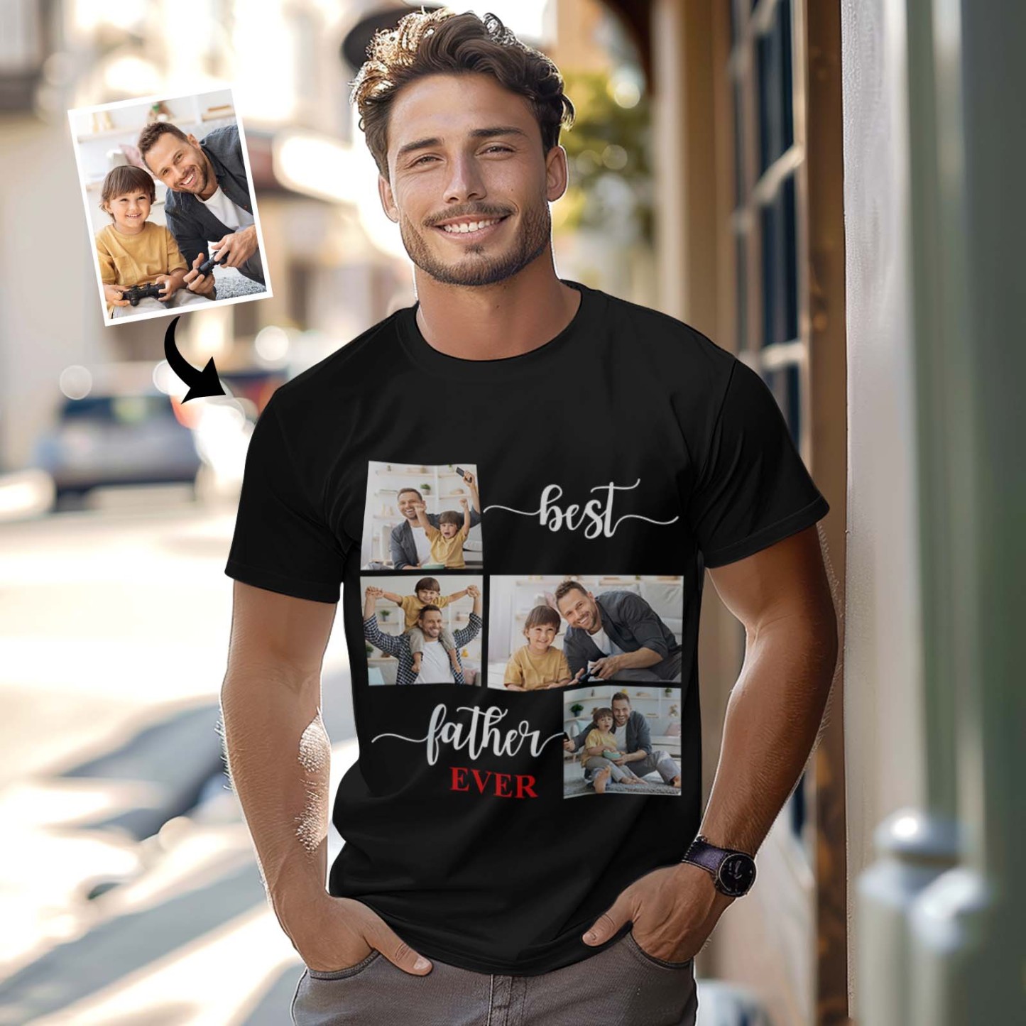 Custom 4 Photos T-Shirt Personalized Photo T-Shirt Best Father Ever Father's Day Gift Family T-Shirt - GetPhotoSocksUk