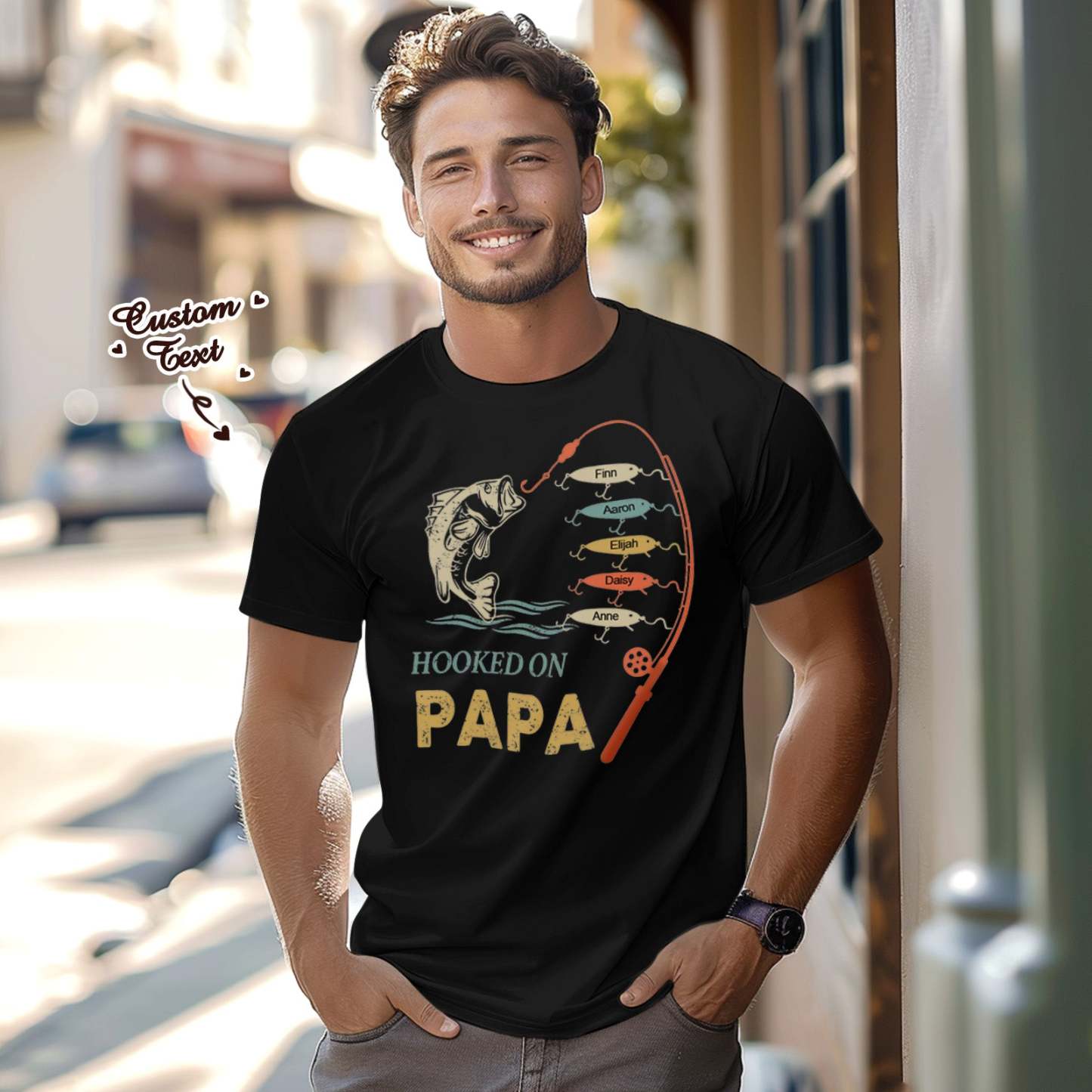 Custom Name T-Shirt Personalized T-Shirt HOOKED ON PAPA Father's Day Gift Family T-Shirt - GetPhotoSocksUk