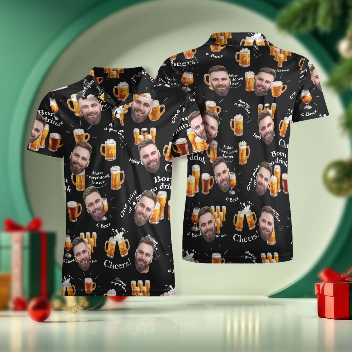 Custom Face Polo Shirt Cheer Christmas Golf Polo Shirt Beer Polo Shirt - GetPhotoSocksUk