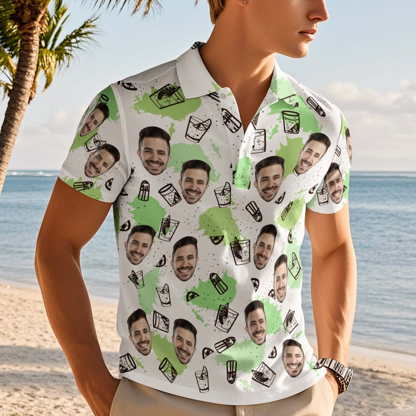 Custom Face Polo Shirt Wine Glasses Green Polo Shirt - GetPhotoSocksUk