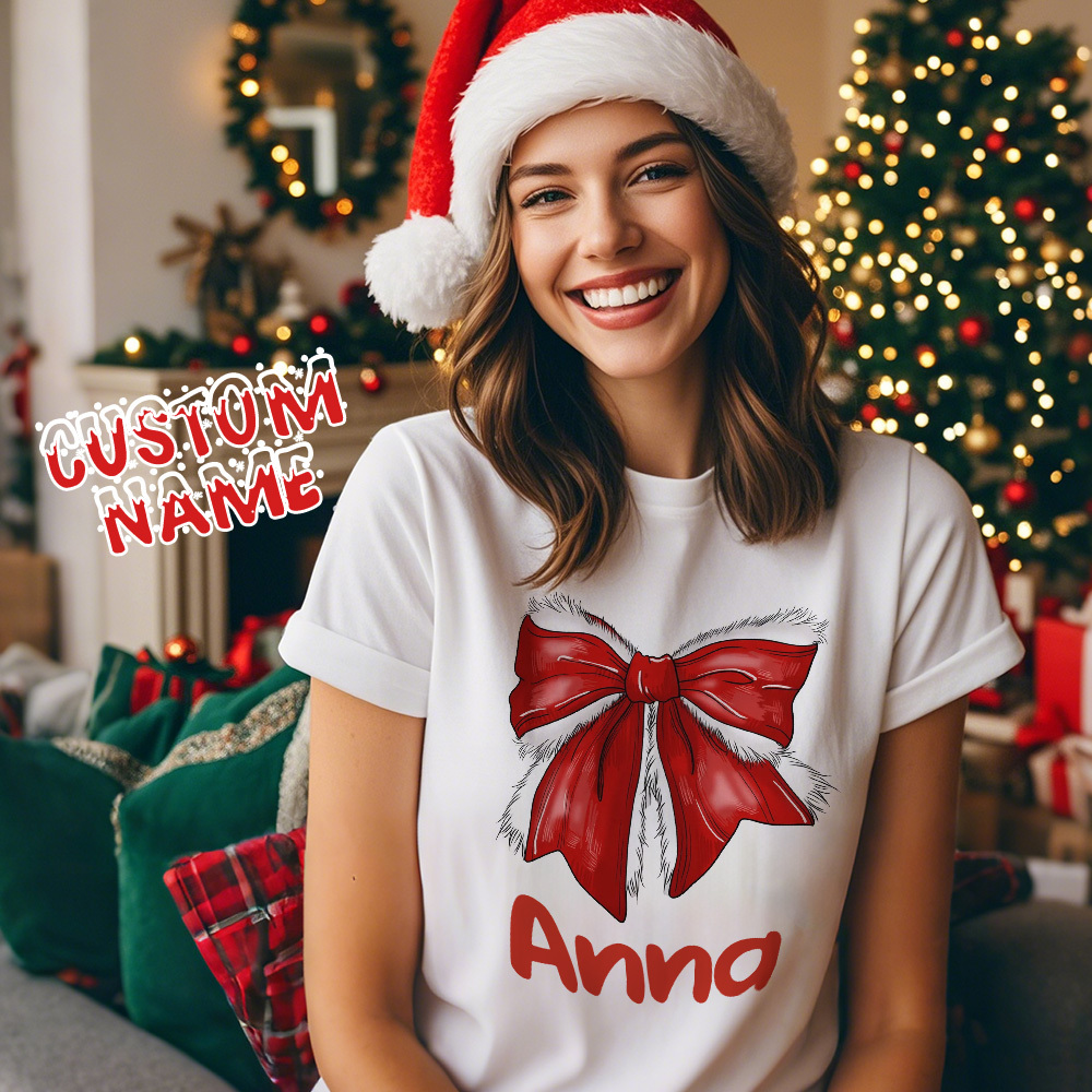 Custom Text T-shirts Christmas Bowknot T-shirt Gift for Family - GetPhotoSocksUk