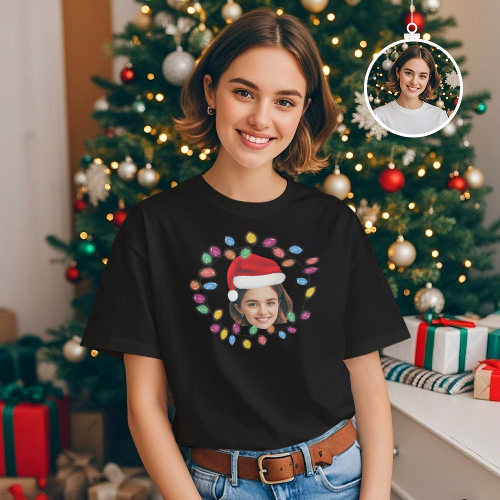 Custom Face T-shirt Santa Colorful Light Tree Tshirt Lights Xmas Funny T-Shirt - GetPhotoSocksUk