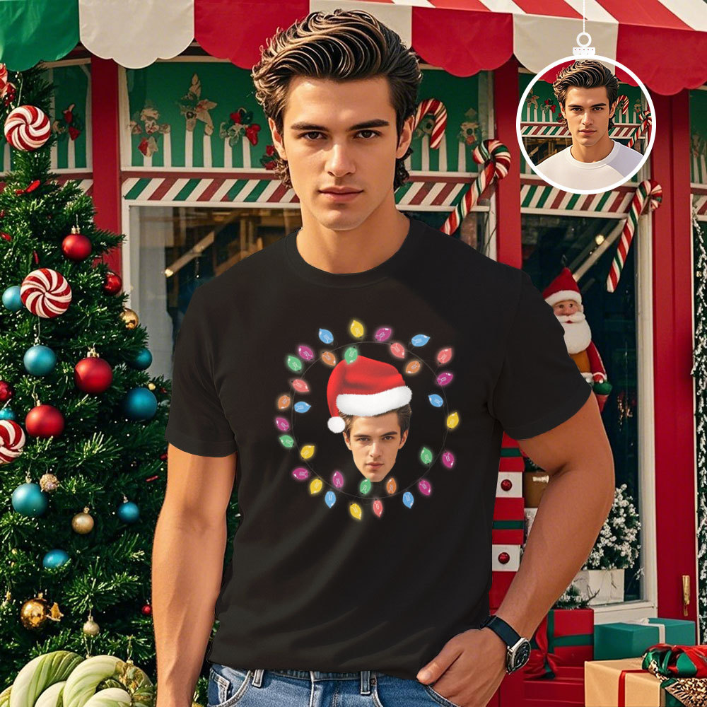 Custom Face T-shirt Santa Colorful Light Tree Tshirt Lights Xmas Funny T-Shirt - GetPhotoSocksUk