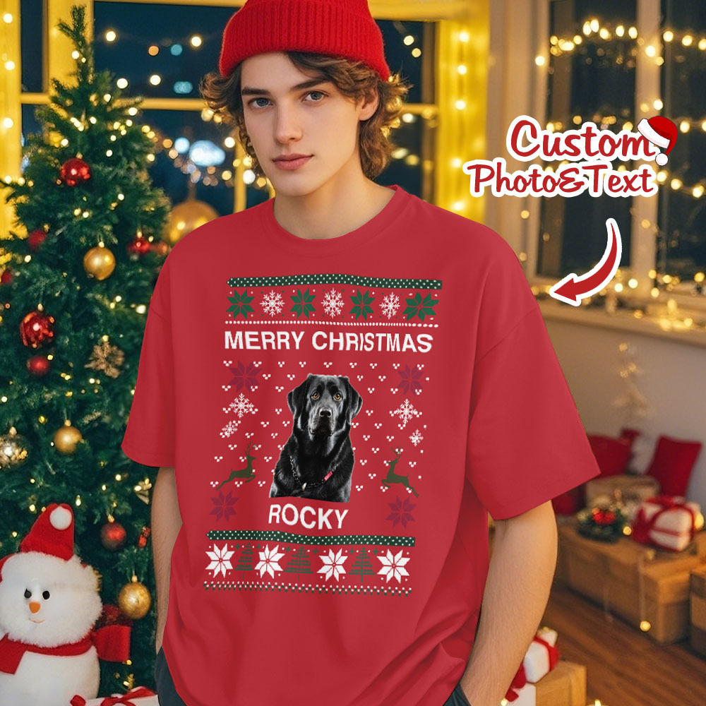 Custom Photo Christmas Dog Shirt Dog Lover Personalized Christmas Photo T-shirt - GetPhotoSocksUk