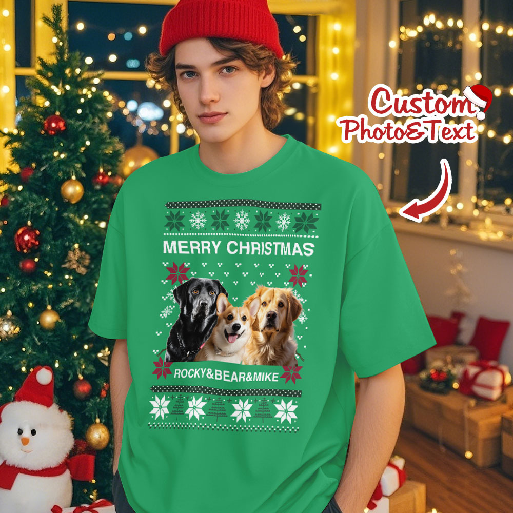 Custom Photo Christmas Dog Shirt Dog Lover Personalized Christmas Photo T-shirt - GetPhotoSocksUk