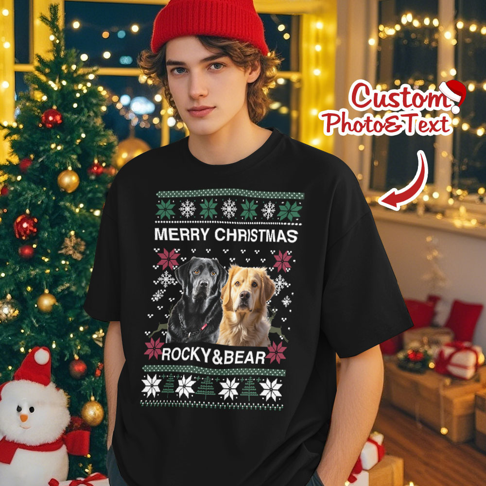 Custom Photo Christmas Dog Shirt Dog Lover Personalized Christmas Photo T-shirt - GetPhotoSocksUk