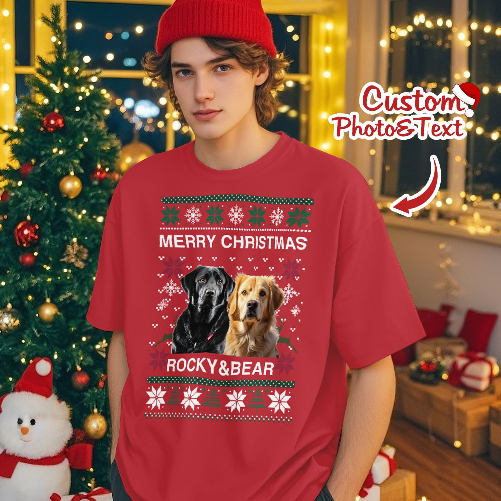 Custom Photo Christmas Dog Shirt Dog Lover Personalized Christmas Photo T-shirt - GetPhotoSocksUk