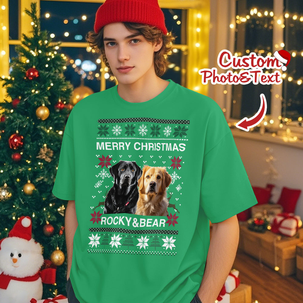 Custom Photo Christmas Dog Shirt Dog Lover Personalized Christmas Photo T-shirt - GetPhotoSocksUk