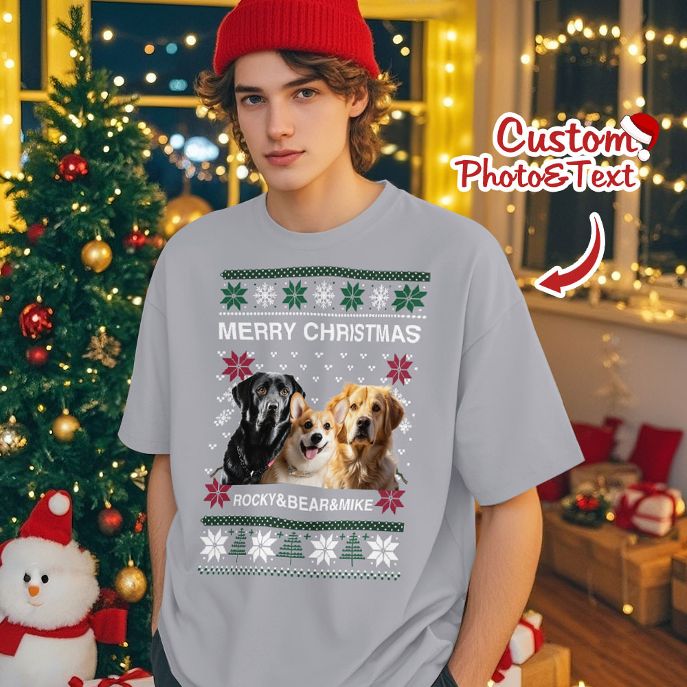 Custom Photo Christmas Dog Shirt Dog Lover Personalized Christmas Photo T-shirt - GetPhotoSocksUk