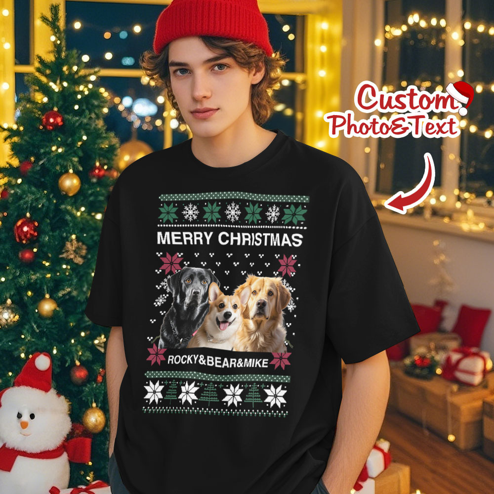 Custom Photo Christmas Dog Shirt Dog Lover Personalized Christmas Photo T-shirt - GetPhotoSocksUk