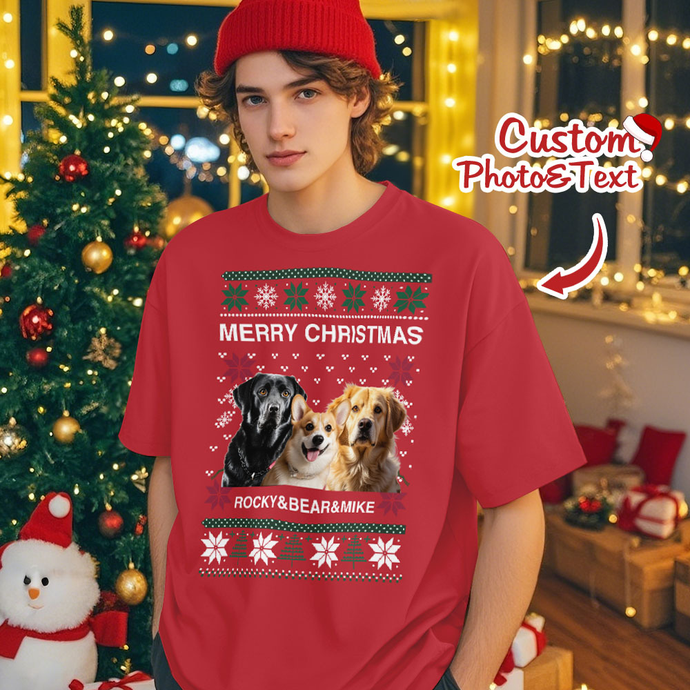 Custom Photo Christmas Dog Shirt Dog Lover Personalized Christmas Photo T-shirt - GetPhotoSocksUk