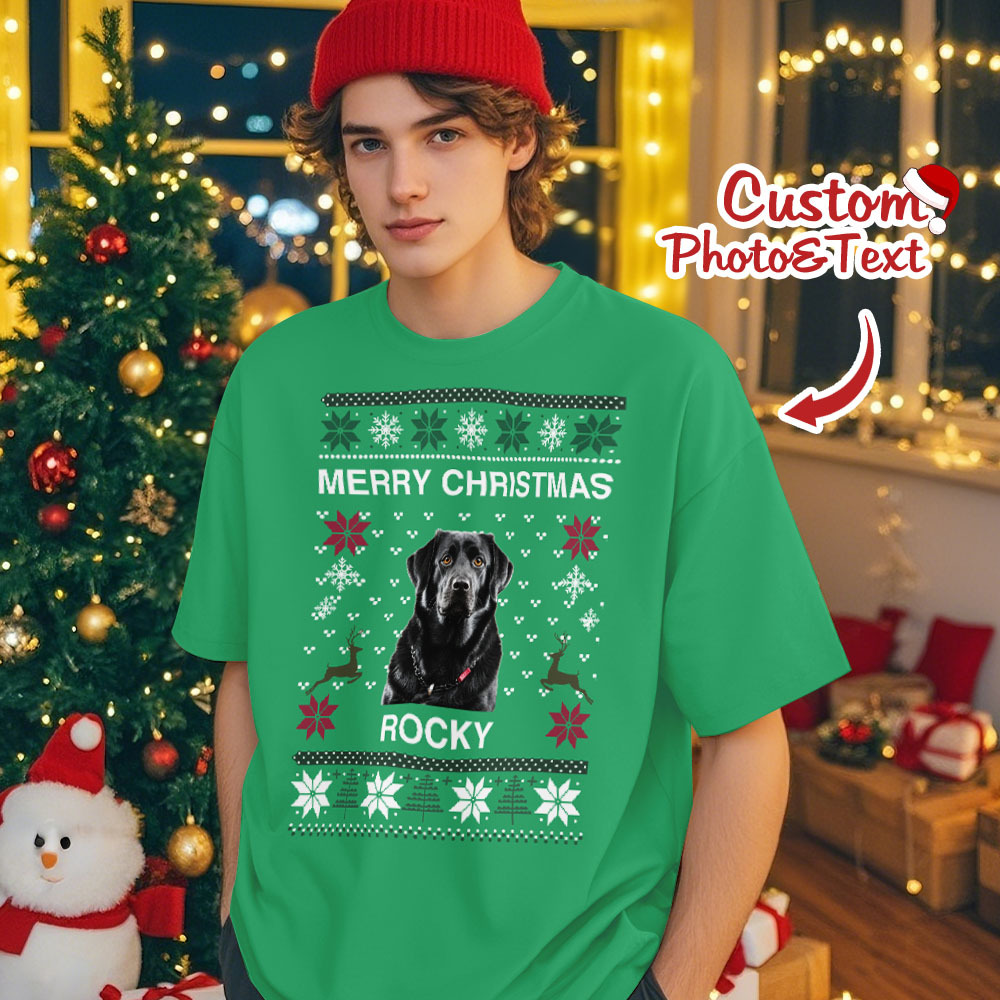 Custom Photo Christmas Dog Shirt Dog Lover Personalized Christmas Photo T-shirt - GetPhotoSocksUk