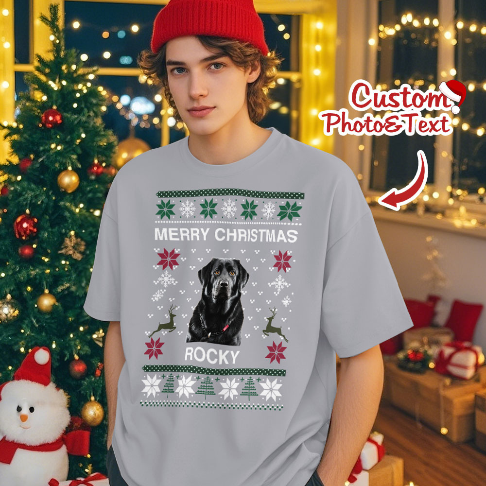 Custom Photo Christmas Dog Shirt Dog Lover Personalized Christmas Photo T-shirt - GetPhotoSocksUk