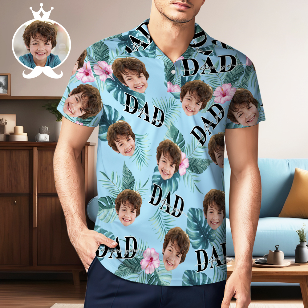 Custom Face Polo Hawaiian Blue Golf Polo Shirt Best Dad Ever Men's Polo Shirt Fathers Day Gift - GetPhotoSocksUk