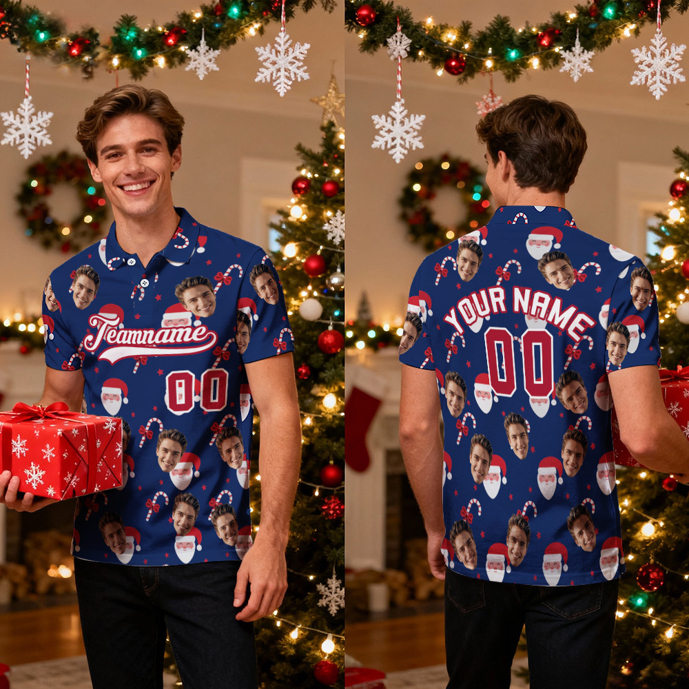 Custom Face and Text Blue Christmas Santa Claus Performance Golf Polo Shirt - GetPhotoSocksUk