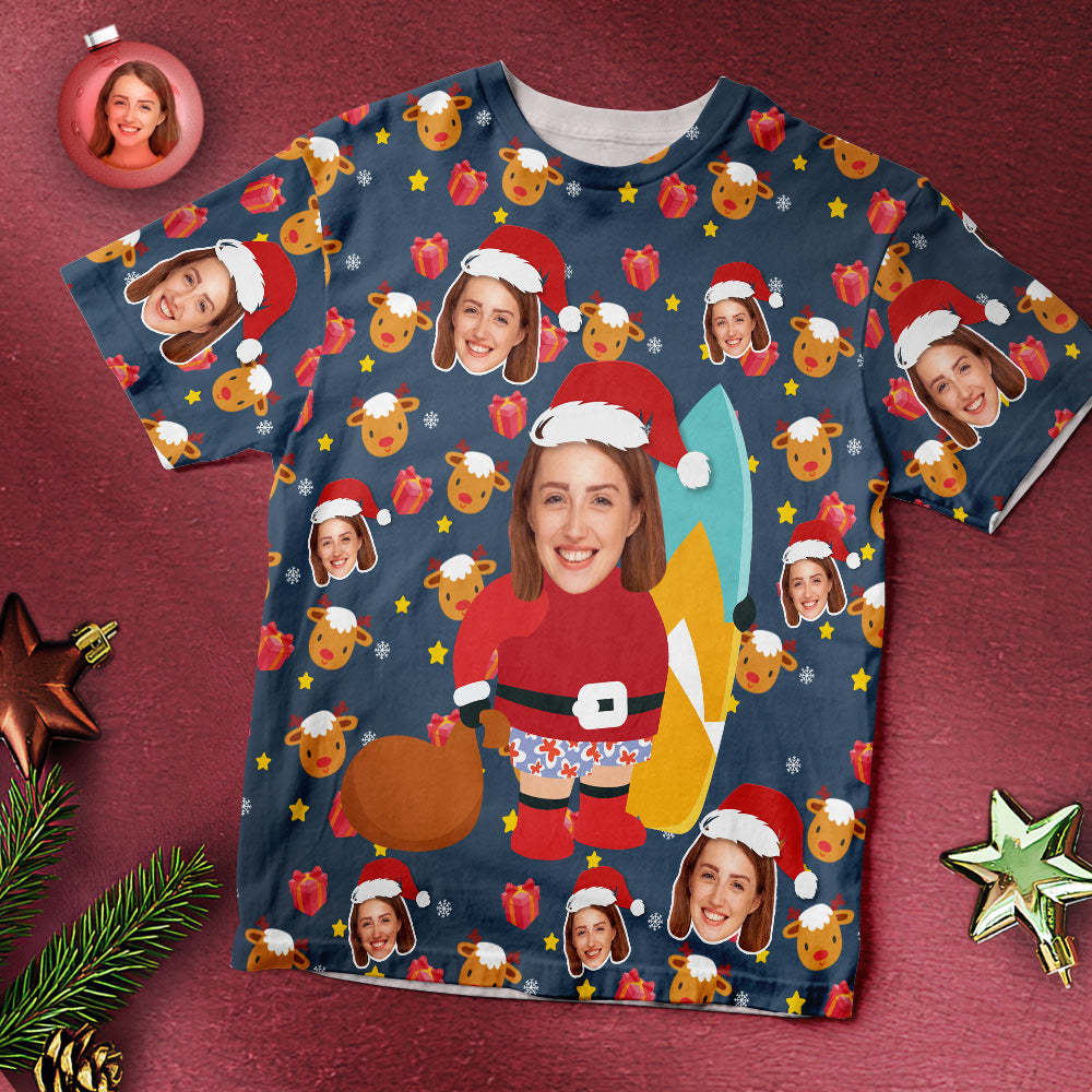 Custom Face T-shirt Santa Surfing Christmas Gifts -