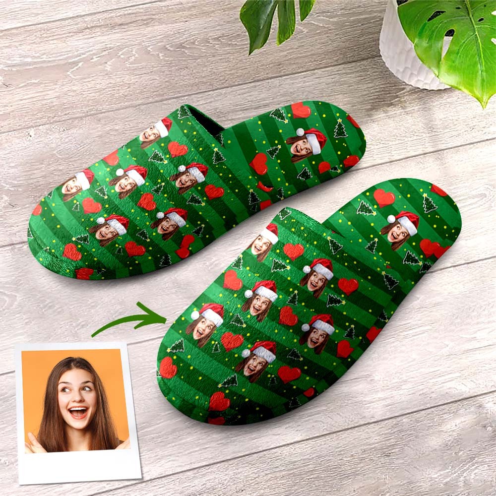 Custom Face Women's and Men's Slippers Personalized Christmas Heart Indoor Outdoor Bedroom Cotton Slippers -