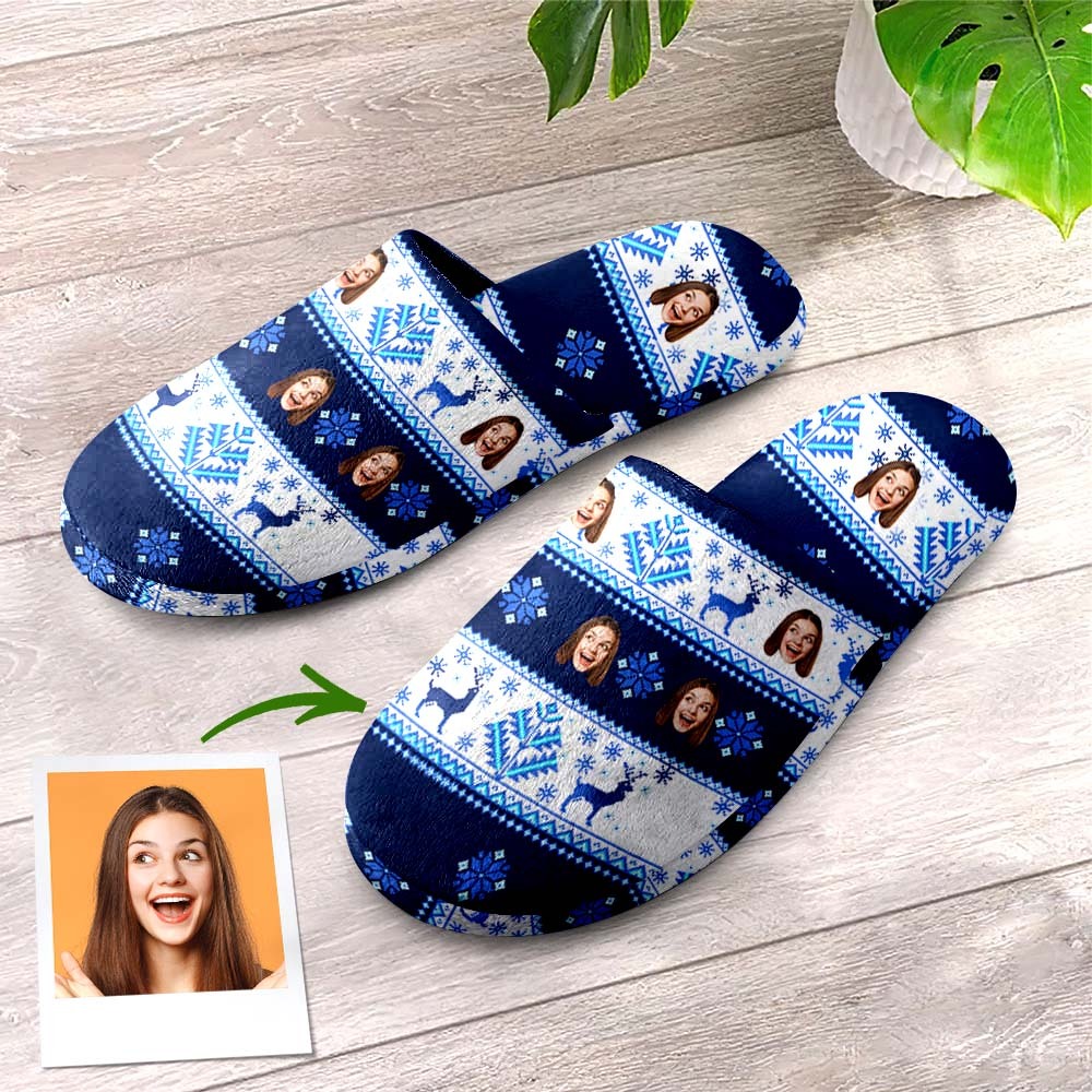Custom Face Women's and Men's Christmas Slippers Personalized Over Nordic Pattern Indoor Outdoor Bedroom Cotton Slippers -