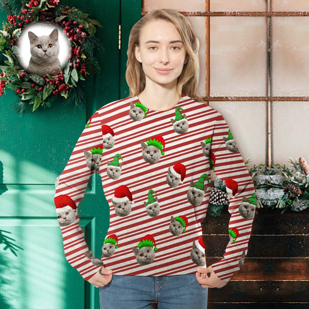 Custom Face Unisex Christmas Sweatshirt Casual Santa Elf Hats Stripe Crewneck Shirt -