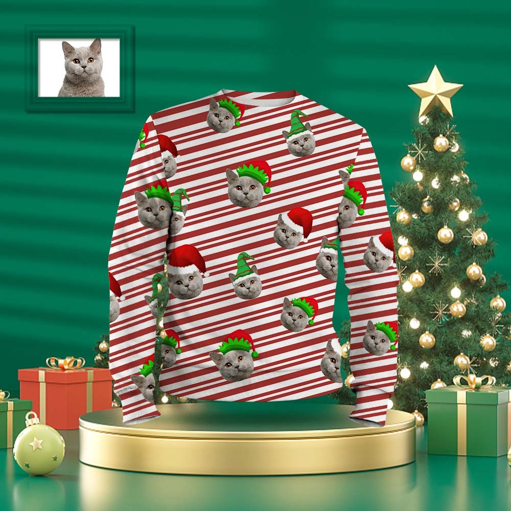 Custom Face Unisex Christmas Sweatshirt Casual Santa Elf Hats Stripe Crewneck Shirt -