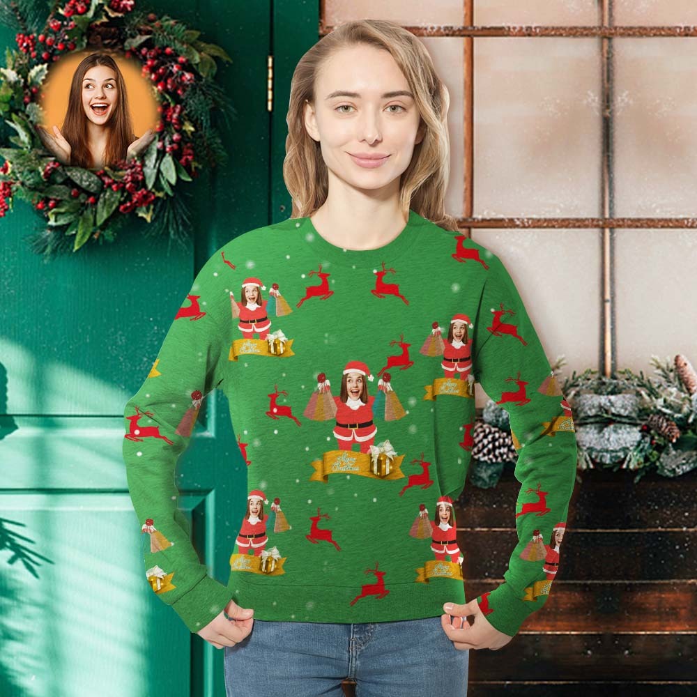 Custom Face Unisex Christmas Sweatshirt Casual Personalized Face Elk Snowflake -