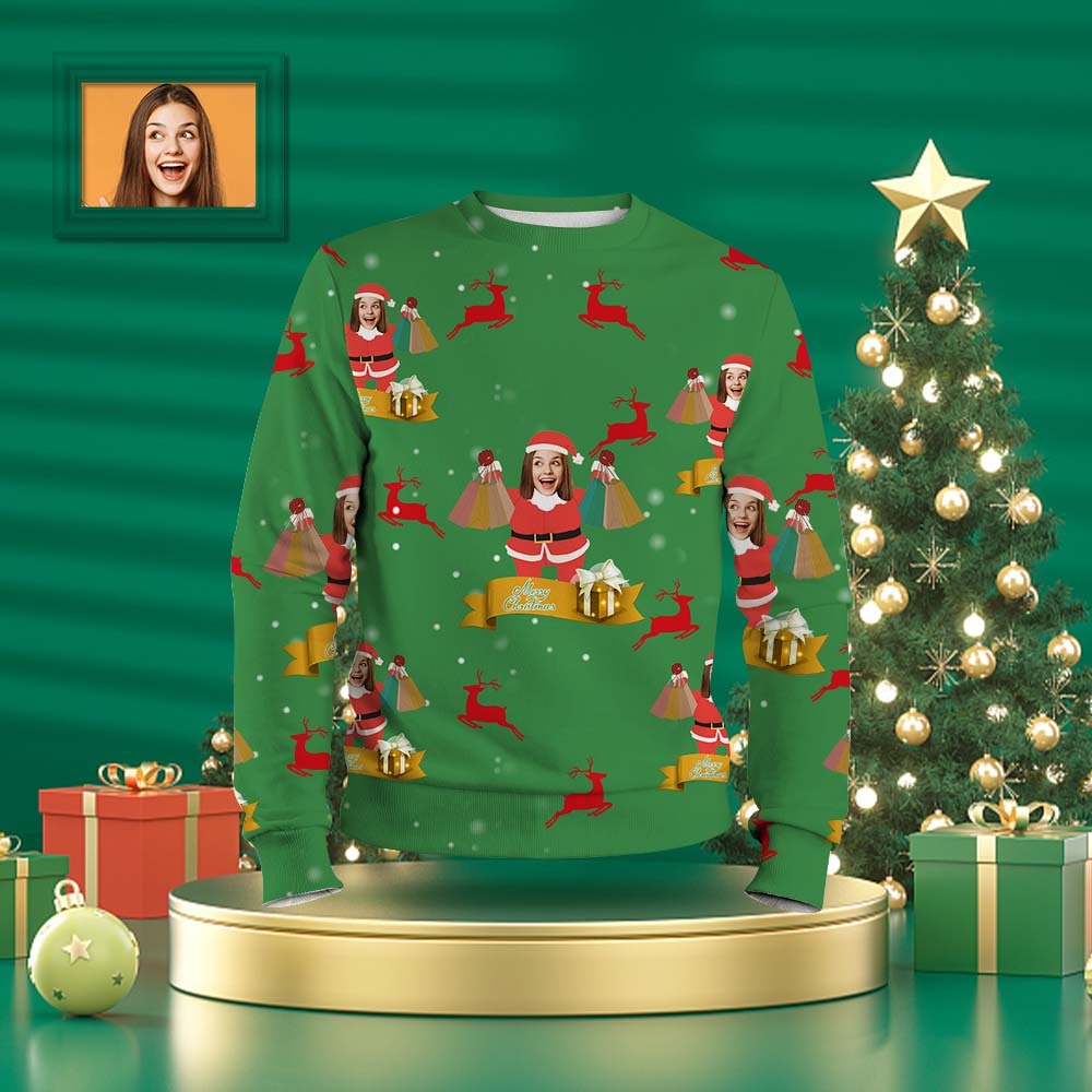 Custom Face Unisex Christmas Sweatshirt Casual Personalized Face Elk Snowflake -