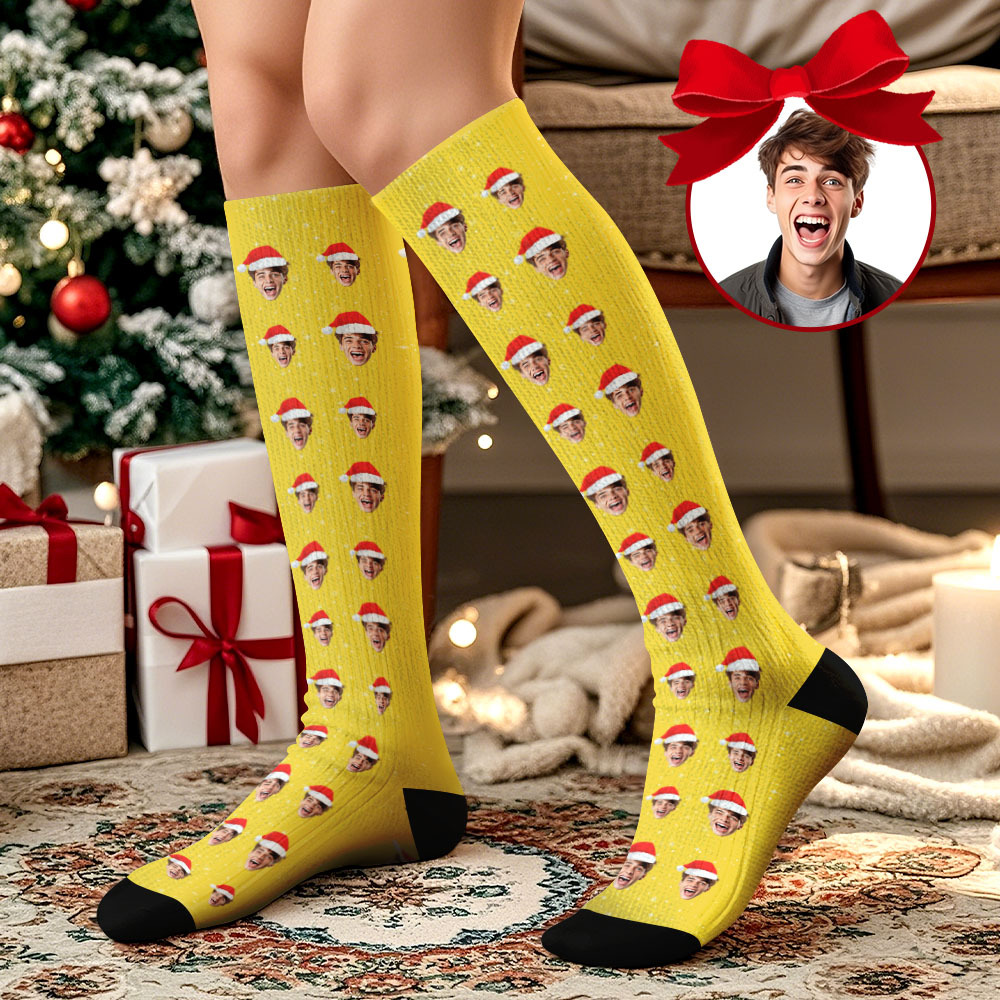 Christmas Gifts Custom Face Knee High Socks Personalized Xmas Socks Merry Christmas Heart Full Face - GetPhotoSocksUk