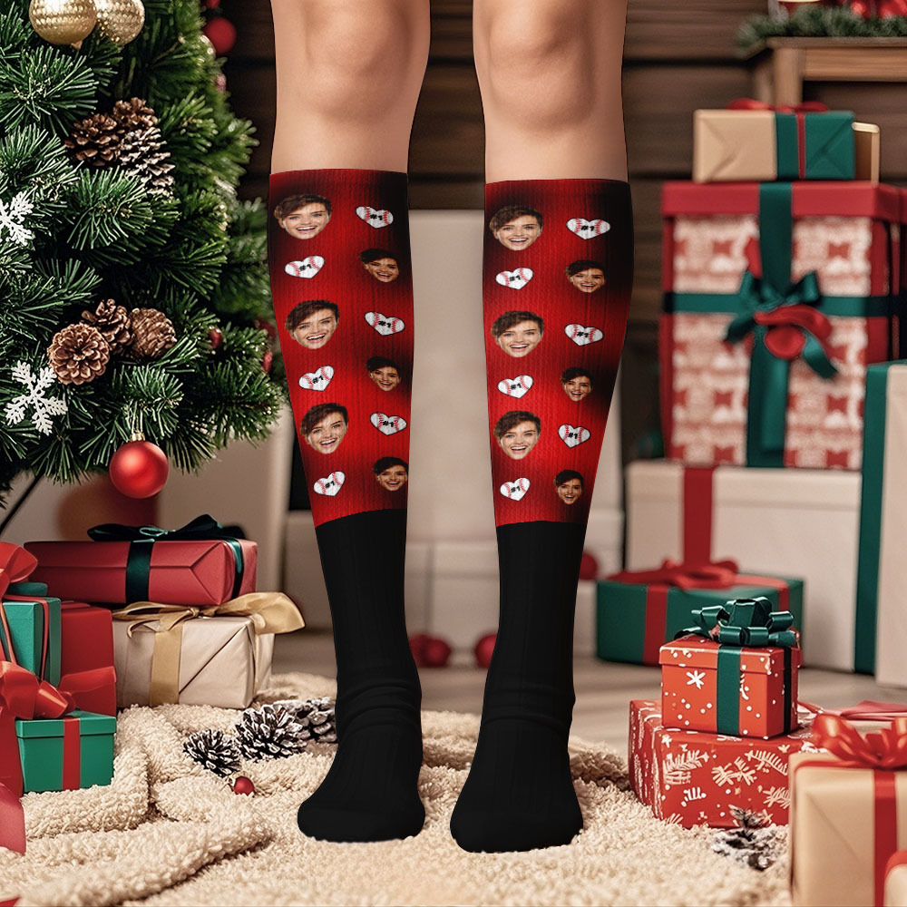 Christmas Gifts Custom Face Knee High Socks Personalized Xmas Socks Merry Christmas Heart Full Face - GetPhotoSocksUk