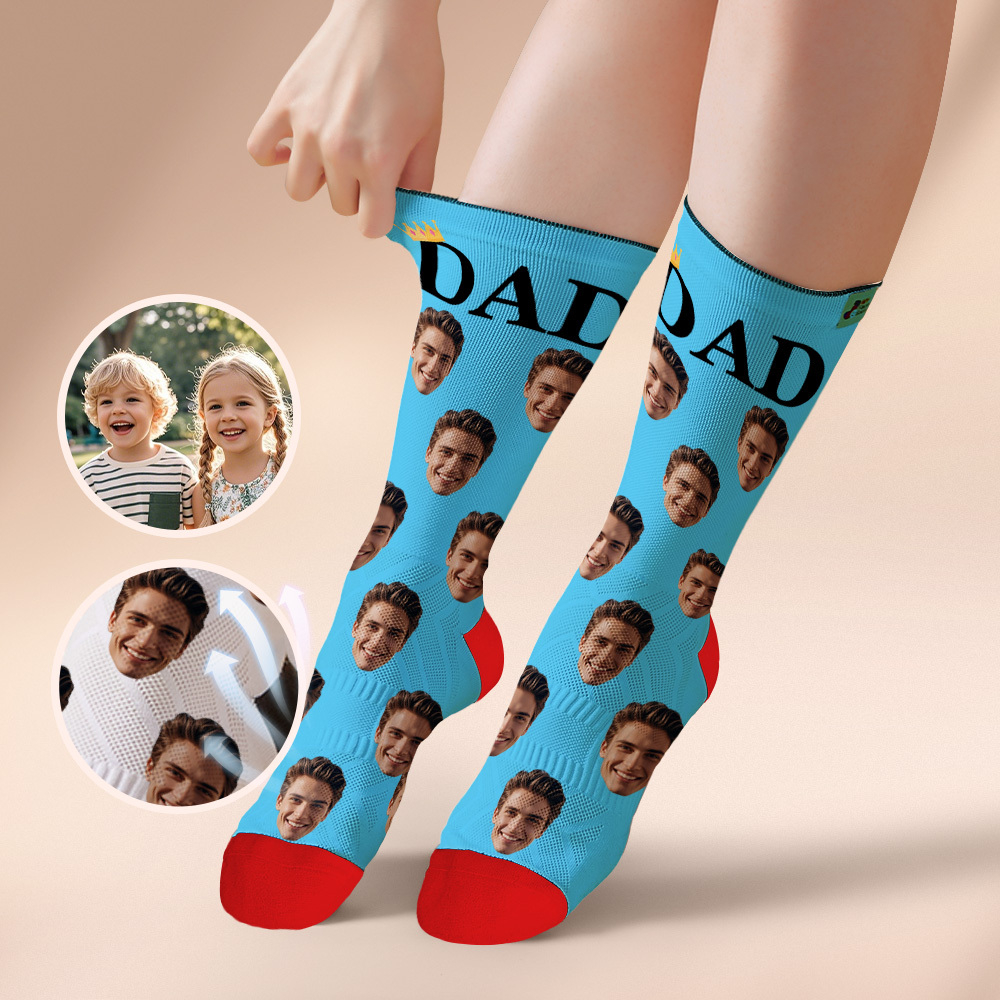Custom Full Face Photo Print Socks, Colorful Crown Dad Socks Personalized Custom Design Best Gift For Dad - GetPhotoSocksUk