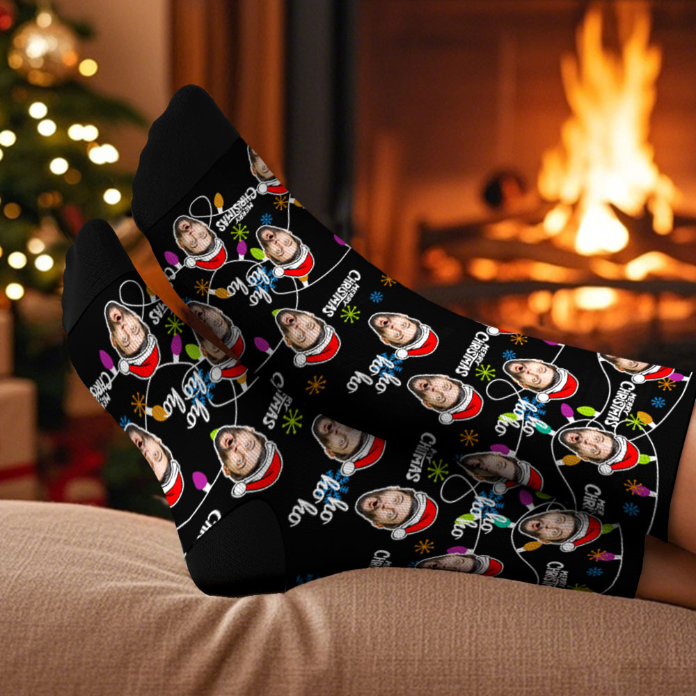 Custom Lantern Merry Christmas Face Multicolor Socks Personalized Christmas Photo Socks Fun Gift for Family & Couples - GetPhotoSocksUk